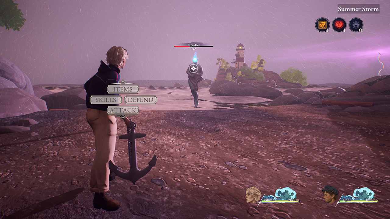 Tidewatch screenshot: turn-based combat in a summer storm